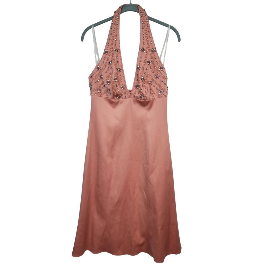 VTG Laundry by Shelli Segal Melon Pink Beaded Satin Halter Prom Formal 6